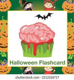 Halloween Flashcards for Children. Ready to print. Printable game card. Educational card for preschool. Vector illustration. Halloween items flashcards for toddlers