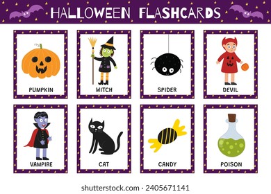 Halloween flashcards collection for kids. Flash cards set with cute spooky characters for school and preschool. Learning to read activity for children. Vector illustration