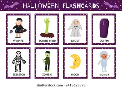 Halloween flashcards collection for kids. Flash cards set with cute spooky characters for school and preschool. Learning to read activity for children. Vector illustration