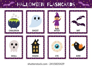 Halloween flashcards collection for kids. Flash cards set with cute spooky characters for school and preschool. Learning to read activity for children. Vector illustration