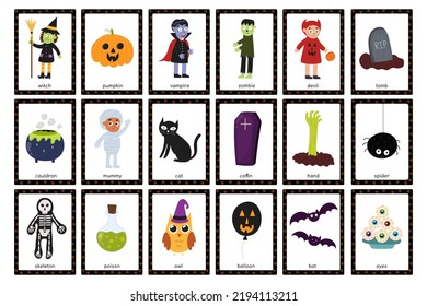 Halloween flashcards set with cute characters. Big collection with autumn spooky holiday flash cards for kids. Learning English words material. Vector illustration