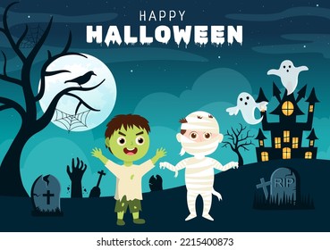 Halloween Flat Background Cartoon Hand Drawn Templates Illustration With Witch, Haunted House, Pumpkins, Bats and Full Moon Concept