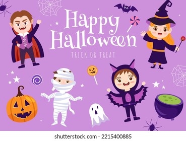 Halloween Flat Background Cartoon Hand Drawn Templates Illustration With Witch, Haunted House, Pumpkins, Bats and Full Moon Concept