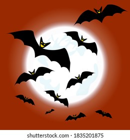 Halloween flat background. Orange drawing for autumn halloween celebration. Bats on the background of the moon.