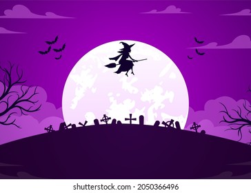 halloween flat background with witch illustration flying over cemetery area