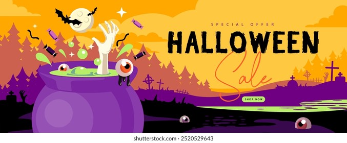 Cartaz de venda plano de Halloween com caldeirão, lua cheia, mão zumbi, poção mágica e cemitério. Dia das Bruxas fundo assustador. Ilustração vetorial