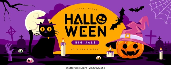 Cartel de la venta grande plana de Halloween con el gato negro, la luna llena, la calabaza de Halloween, las velas ardientes y el cementerio. Fondo espeluznante de Halloween. Ilustración vectorial