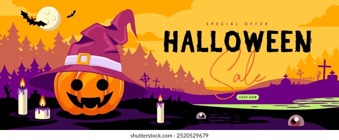 Cartaz de grande venda plano de Halloween com abóbora em chapéu de bruxa, lua cheia, velas em chamas e cemitério. Dia das Bruxas fundo assustador. Ilustração vetorial