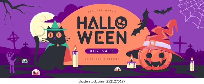 Halloween flat big sale poster with black cat, full moon, halloween pumpkin, burning candles and cemetery. Halloween spooky background. Vector illustration