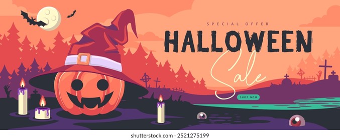 Cartaz de grande venda plano de Halloween com abóbora em chapéu de bruxa, lua cheia, velas em chamas e cemitério. Dia das Bruxas fundo assustador. Ilustração vetorial