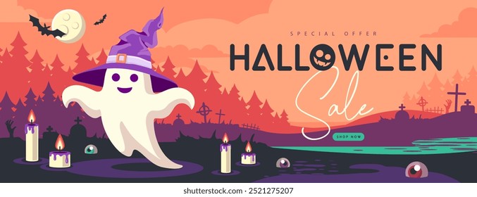 Cartaz de venda plano de Halloween com fantasma em chapéu de bruxa, lua cheia, velas queimadas e cemitério. Dia das Bruxas fundo assustador. Ilustração vetorial