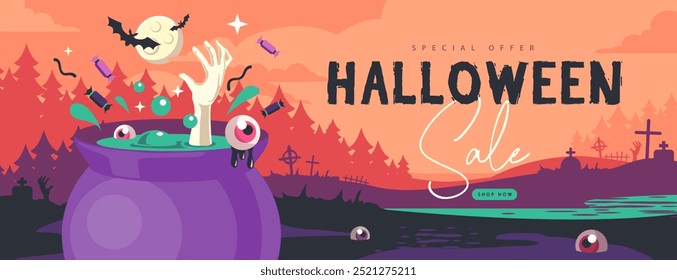 Cartaz de venda plano de Halloween com caldeirão, lua cheia, mão zumbi, poção mágica e cemitério. Dia das Bruxas fundo assustador. Ilustração vetorial