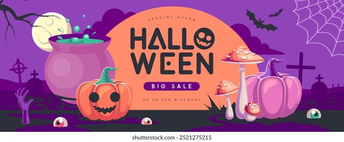 Cartel de venta grande plana de Halloween con mosca agárica, luna llena, calabaza de Halloween, poción mágica y cementerio. Fondo espeluznante de Halloween. Ilustración vectorial