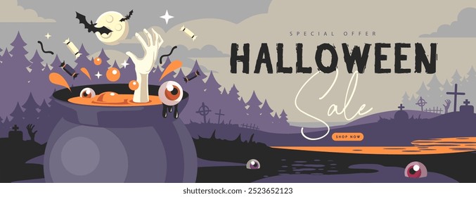 Cartel de venta grande plana de Halloween con caldero, luna llena, mano zombi, poción mágica y cementerio. Fondo espeluznante de Halloween. Ilustración vectorial