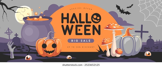 Cartel de venta grande plana de Halloween con mosca agárica, luna llena, calabaza de Halloween, poción mágica y cementerio. Fondo espeluznante de Halloween. Ilustración vectorial