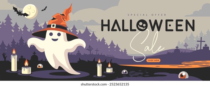 Cartaz de venda plano de Halloween com fantasma em chapéu de bruxa, lua cheia, velas queimadas e cemitério. Dia das Bruxas fundo assustador. Ilustração vetorial