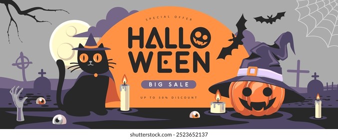 Cartel de la venta grande plana de Halloween con el gato negro, la luna llena, la calabaza de Halloween, las velas ardientes y el cementerio. Fondo espeluznante de Halloween. Ilustración vectorial