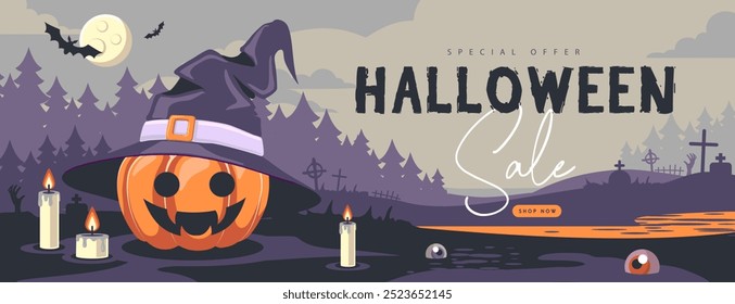 Cartaz de grande venda plano de Halloween com abóbora em chapéu de bruxa, lua cheia, velas em chamas e cemitério. Dia das Bruxas fundo assustador. Ilustração vetorial