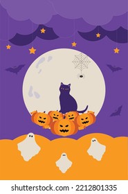 Halloween flat and colored illustration postcard with a black cat, moon, ghosts, pumpkins, bats, and spiders at night. 