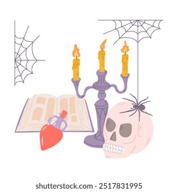 Composición plana de Halloween de Elementos relacionados dibujados a mano. Cráneo, araña y Web de araña, veneno, velas. Diseño espeluznante para Halloween aislado sobre fondo blanco. Clipart de Vector para la decoración