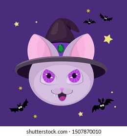 Halloween flat design of cute cat in magic hat with green emerald. Funny bats and stars in background.
