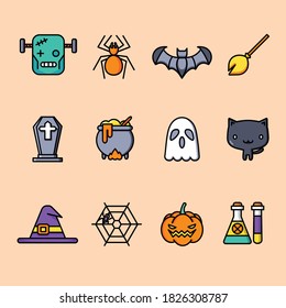 Halloween flat design icon set, pumpkins, tombstone, skull, ghost, bat, hat, cat and etc.