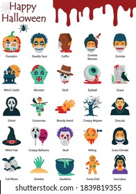 Halloween Flat Design Icon Set, Trick or Treat Sign, Collection of Allhalloween Symbol on white background, Holiday Celebrations and New Normal Halloween costumes Illustration, Post Covid 31 Oct