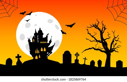 Halloween Flat Design Vector Graphic Castle on Cementary Moon Bats