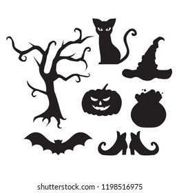 Halloween flat elements for banner, greeting card and invitation celebration symbol. Scary cat, tree, hat, witch pot, broom, bat and shoes silhouette. Pumpkin head jack lantern vector illustration.