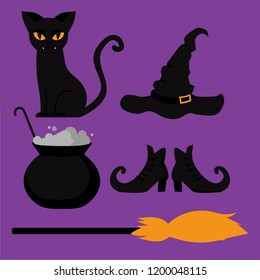 Halloween flat elements for banner, greeting card celebration, Scary cat, hat, witch pot, broom and shoes silhouette symbol.