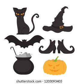 Halloween flat elements for banner, greeting card and invitation celebration symbol. Scary cat, hat, witch pot, broom, bat and shoes silhouette. Pumpkin head jack lantern.