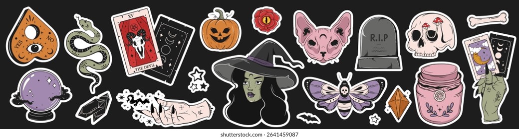 Halloween flat elements. Skull, tarot cards, hand, witch, potion, cat, fortune ball. Mystical and witchcraft stickers set.