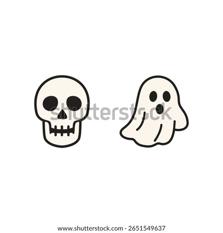 Halloween flat icon combo of skull and ghost in cartoon style, great for spooky party decor, digital clipart, printable materials, and seasonal children’s design