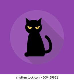 Halloween Flat Icon With Long Shadow. Black Cat