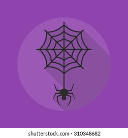 Halloween Flat Icon With Long Shadow. Spider with Cobweb