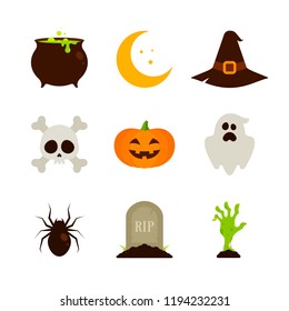 Halloween - Flat Icon Set - Caldron, Moon, Witch Hat, Skull, Jack O' Lantern Pumpkin, Ghost, Spider, Grave and Zombie Hand Isolated on White Background