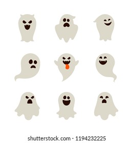 Halloween - Flat Icon Set - Ghosts with Different Face Expressions Isolated on White Background