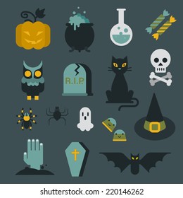 Halloween flat icon set modern style creative design template collection. Bat spider wizard skull pumpkin cat poison grave eye gift box candle coffin owl