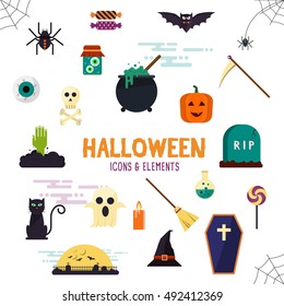Halloween flat icon set modern style creative design template collection. Bat spider wizard skull pumpkin cat poison grave eye gift box candle coffin. Vector