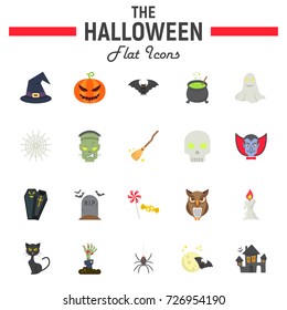 Halloween flat icon set, scary symbols collection, horror holiday vector sketches, logo illustrations, party signs colorful solid pictograms package isolated on white background, eps 10.