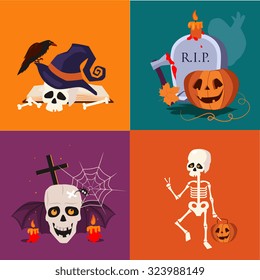 Halloween flat icon set of a skull, sceleton, pumpkins and candles vector illustrations in flat style
