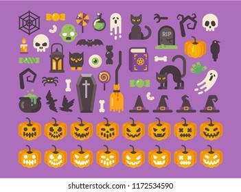 Halloween flat icon set. Spooky Halloween items collection. Black cats, skulls, pumpkins, candies, witchcraft objects. Trick or treat!