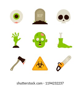 Halloween - Flat Icon Set - Zombie, Skull, Eye, Hand, Foot, Grave, Axe, Chainsaw and Biological Hazard Sign Isolated on White Background