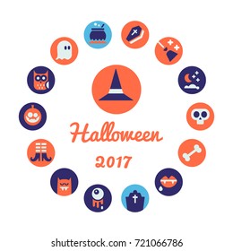 Halloween Flat Icons Arrange in the Circle Frame. Vector Illustration. Halloween Symbols.