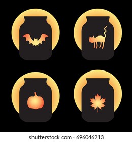 Halloween flat icons with glow silhouettes.