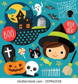 halloween flat icons. Orange pumpkin and candle, witches pot potion, ghost, candy, skull . Invitation, poster or card for Halloween Night Party. Trick or Treat.