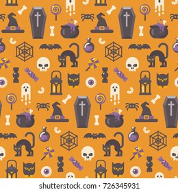 Halloween flat icons pattern. Halloween attributes on orange background. Trick or treat