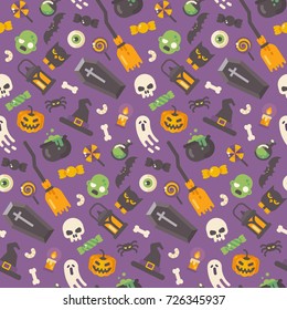 Halloween flat icons pattern. Halloween items on purple background. Trick or treat