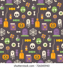 Halloween flat icons pattern. Halloween objects on dark background. Trick or treat