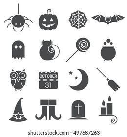 Halloween flat icons set. Black holiday pictograms collection of spider, cat, bat, web, ghost, pumpkin, candy, potion, owl, calendar, moon, broom, boots, hat, candle, tombstone. Vector illustration.